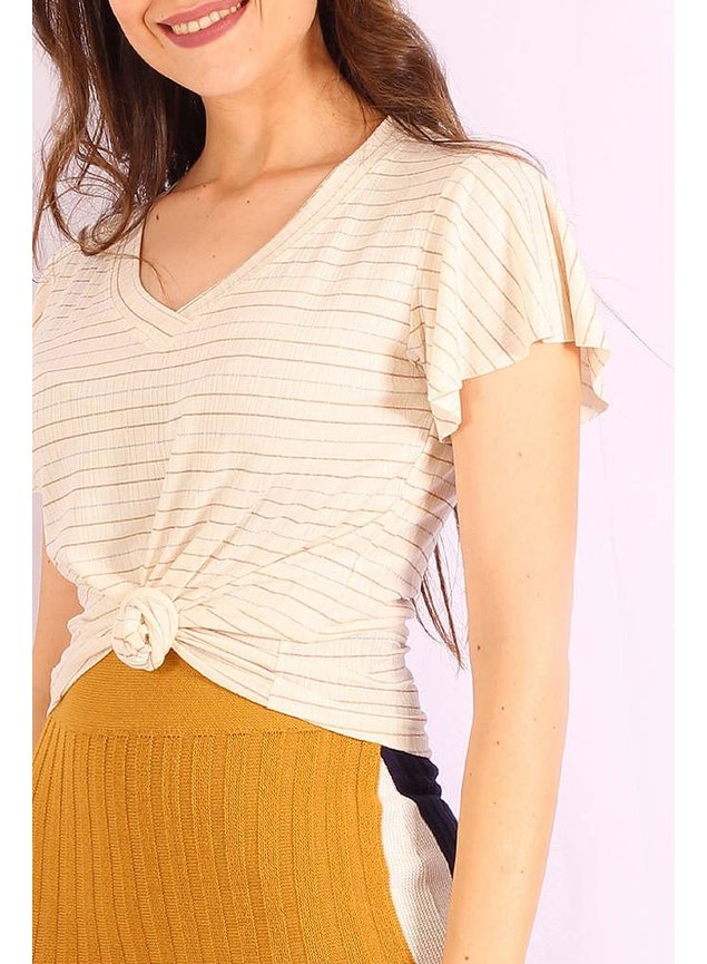 t shirt creme fios metalizados coloridos paty lekazis frente cima detalhe