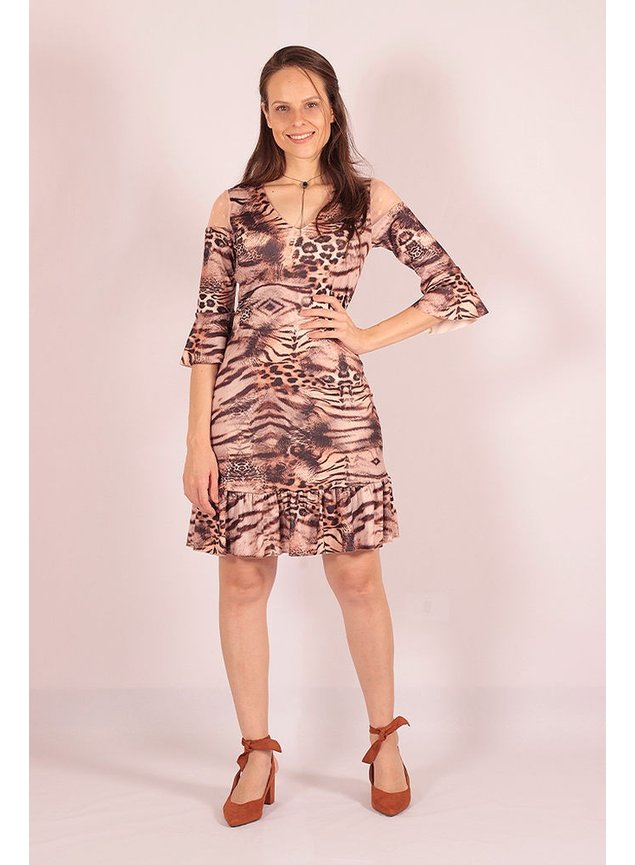 vestido animal print marrom detalhe tule giovanna lekazis frente