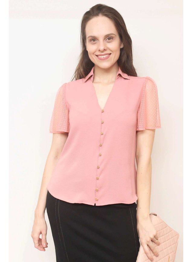 blusa rose mangas com tule
