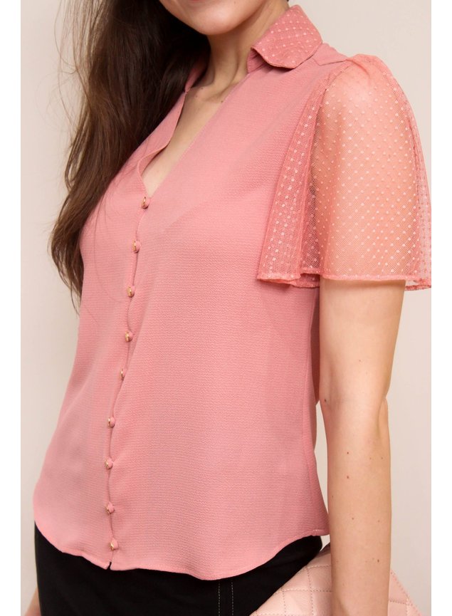 blusa rose mangas com tule detalhe