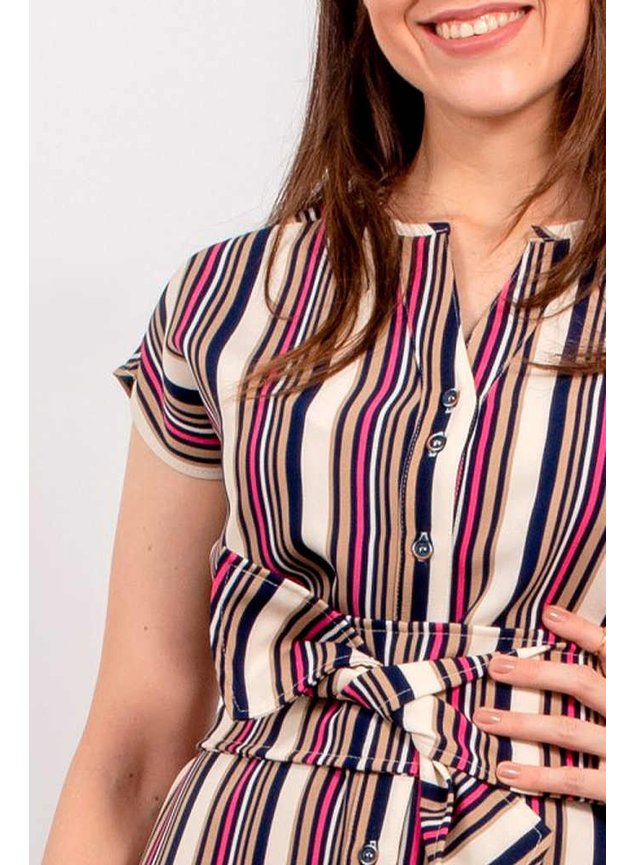 vestido chemisier listrado em alfaiataria lekazis frente cima detalhe