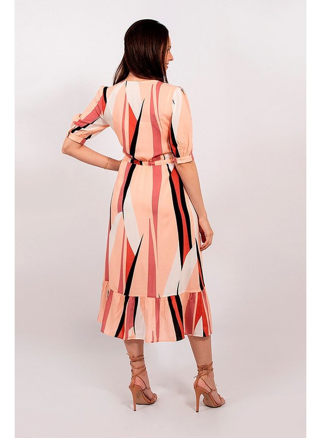 vestido midi estrampas geometricas com babados lekazis costas
