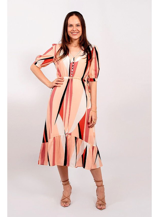 vestido midi estrampas geometricas com babados lekazis frente