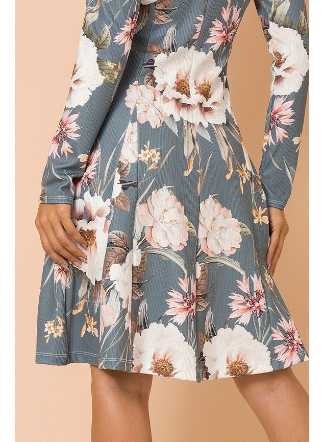 Vestido Nesgas Floral Verde Manga Longa