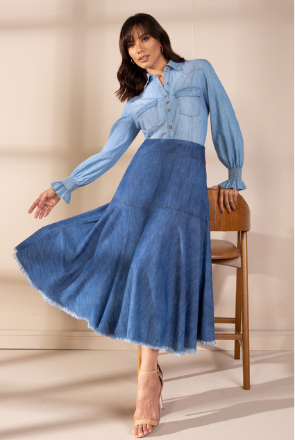 Jeans Midi Blusa Jeans Feminina Com Saia SAIA JEANS MIDI COM FENDA