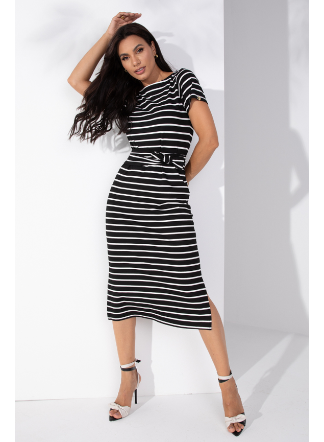 Vestido Canelado Vestido Listrado Preto E Branco Midi Vestido Midi