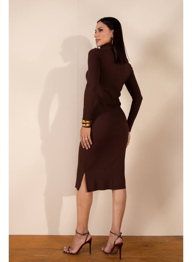 Vestido Canelado Manga Longa Marrom Tamires