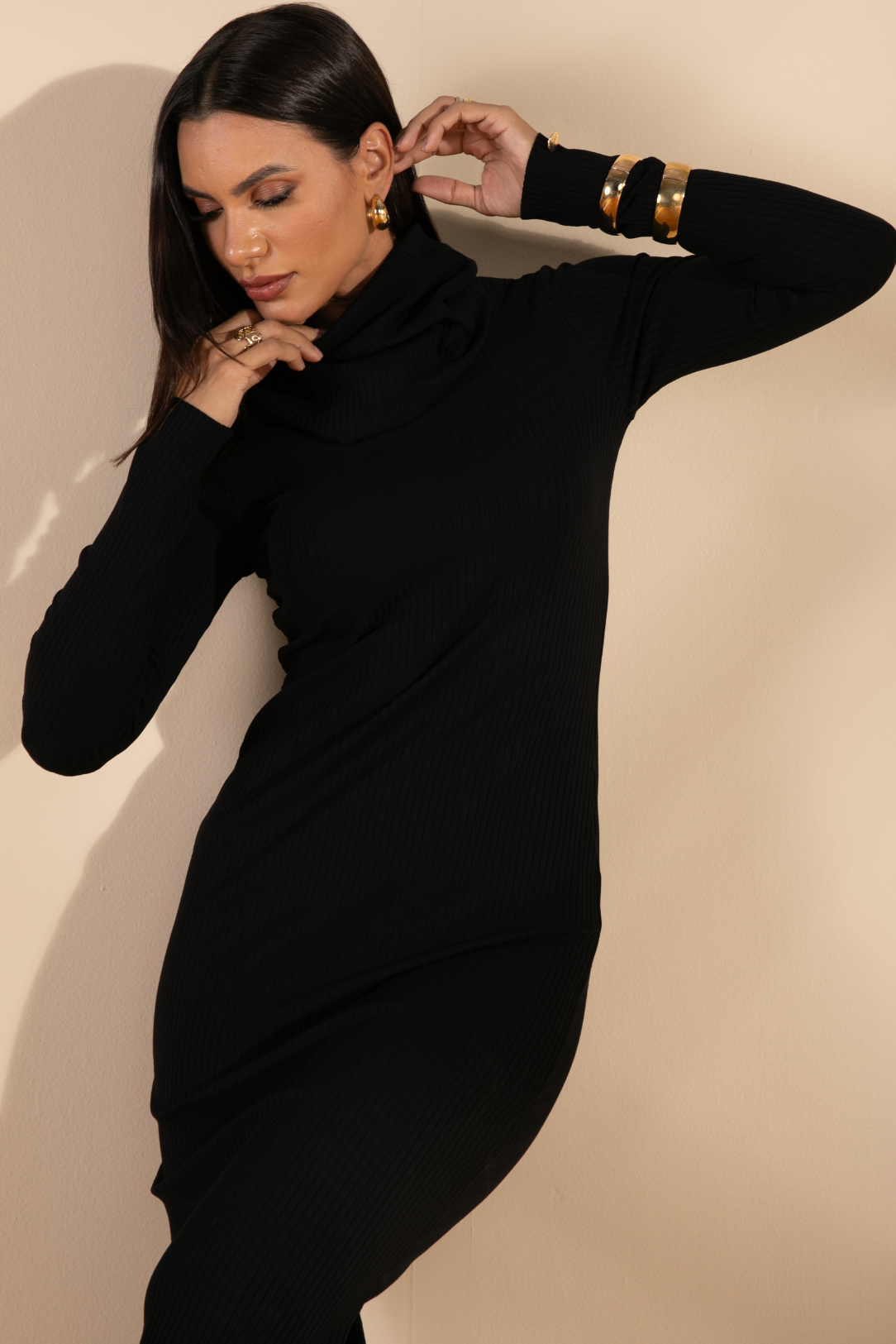 Vestido Canelado Manga Longa Preto Tamires