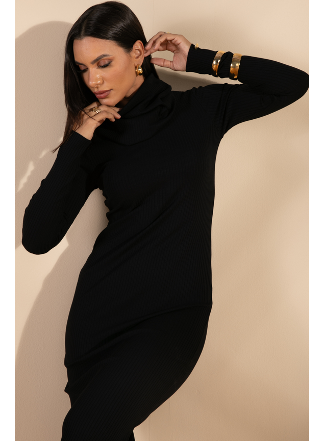 vestido canelado manga longa preto