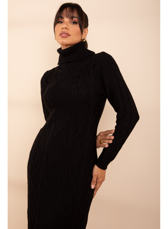 Tricô Vestido Preto Nada Basico Vestido Tricot Midi Gola Alta