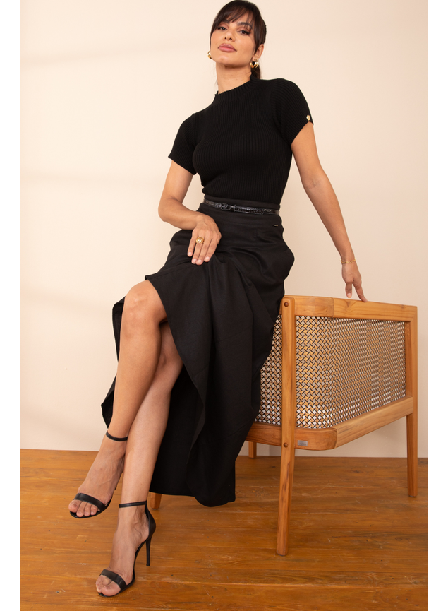 Saia Longa De Linho Preto Com Bolso Maraísa