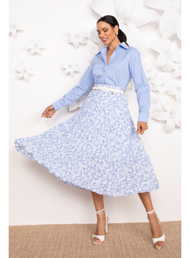 Saia Plissada Com Camisa Social Saia Plissada Azul Com Flores