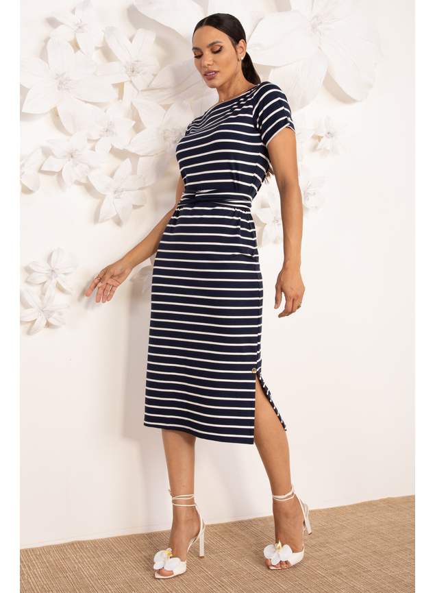 vestido listrado de malha azul marinho