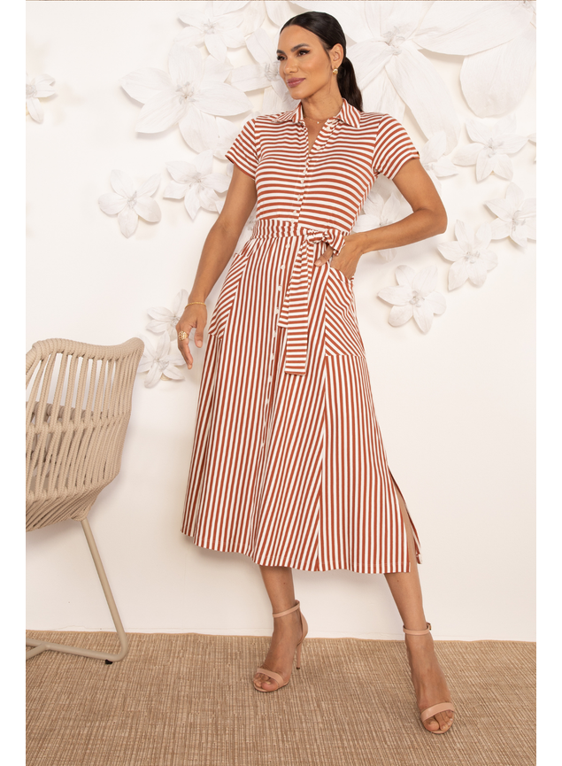 Vestido Chemise Malha Midi Listrado Avelã Anabel