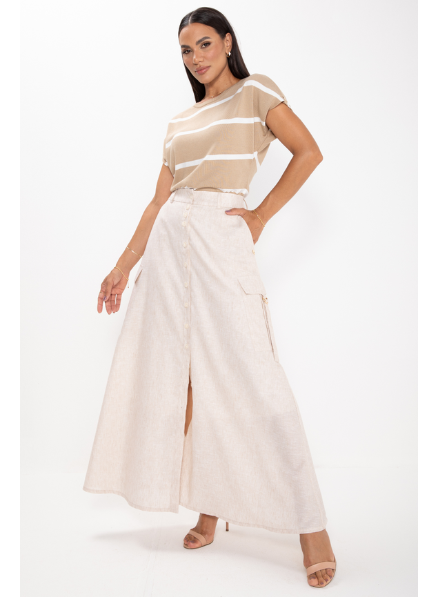 saia de linho e blusa de tricot