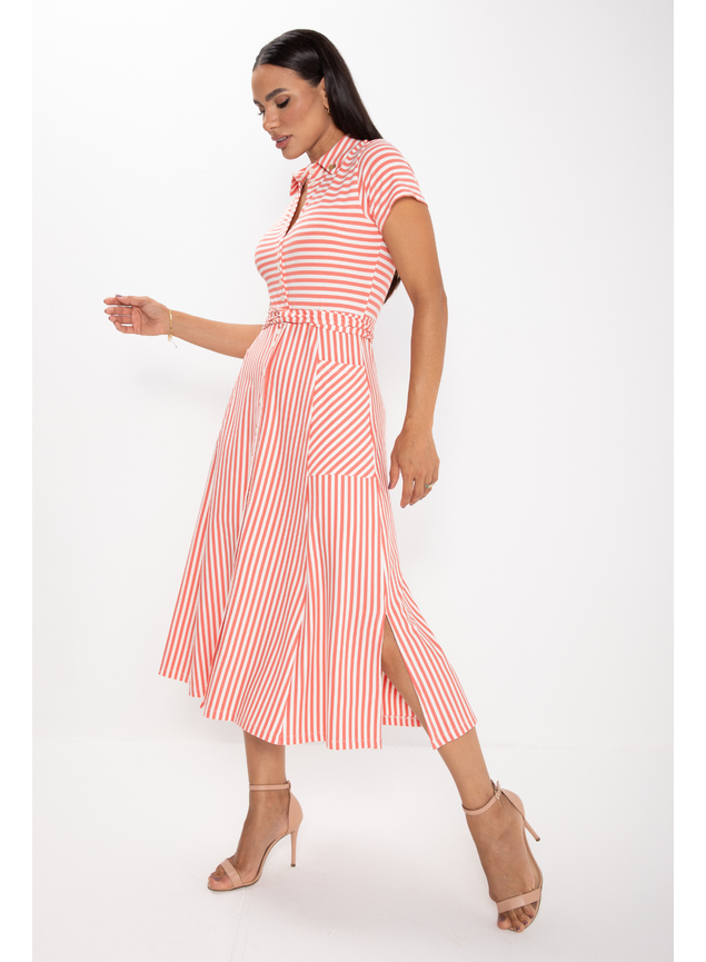 Vestido Chemise Malha Midi Listrado Goiaba Anabel