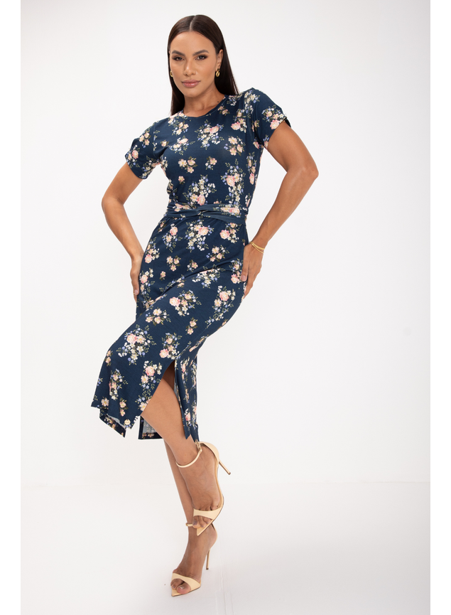 vestido basico azul marinho estampado