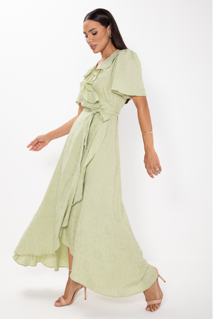 Vestido Longo Transpassado de Viscolinho Pistache Ana Claudia