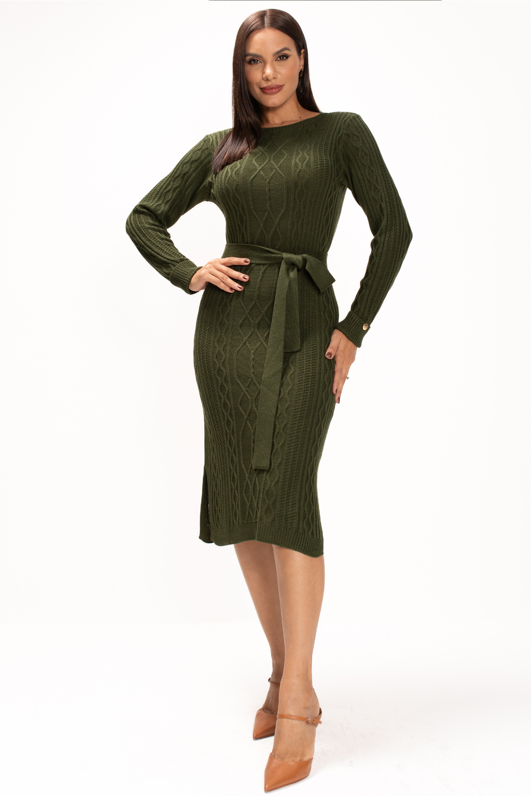 Vestido Midi de Tricot Verde Militar Odaiza