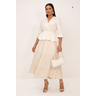 Saia Midi de Linho com Recortes e Entremeio Cru Evila
