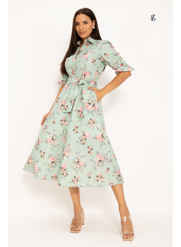 Vestido Chemise Midi em Algodão Floral Verde Água Cintia