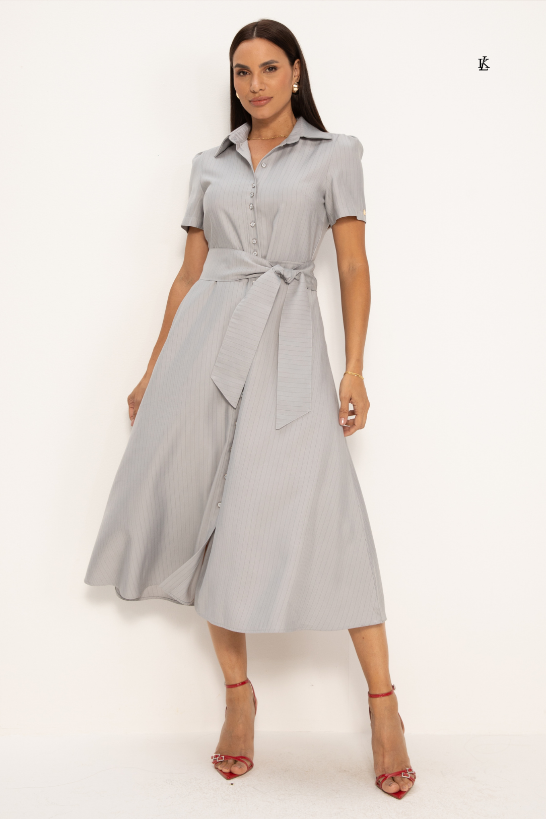 Vestido Chemise Midi Risca de Giz Cinza Cleonice
