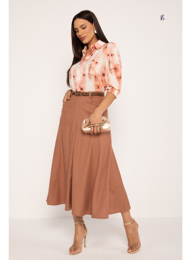 Saia Midi em Viscolinho com Recortes Mocha Mousse Rosejane