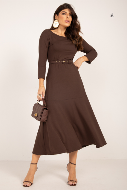 Vestido Maxi Midi Rosalina Com Detalhe Plissado Alfaiataria Mocha