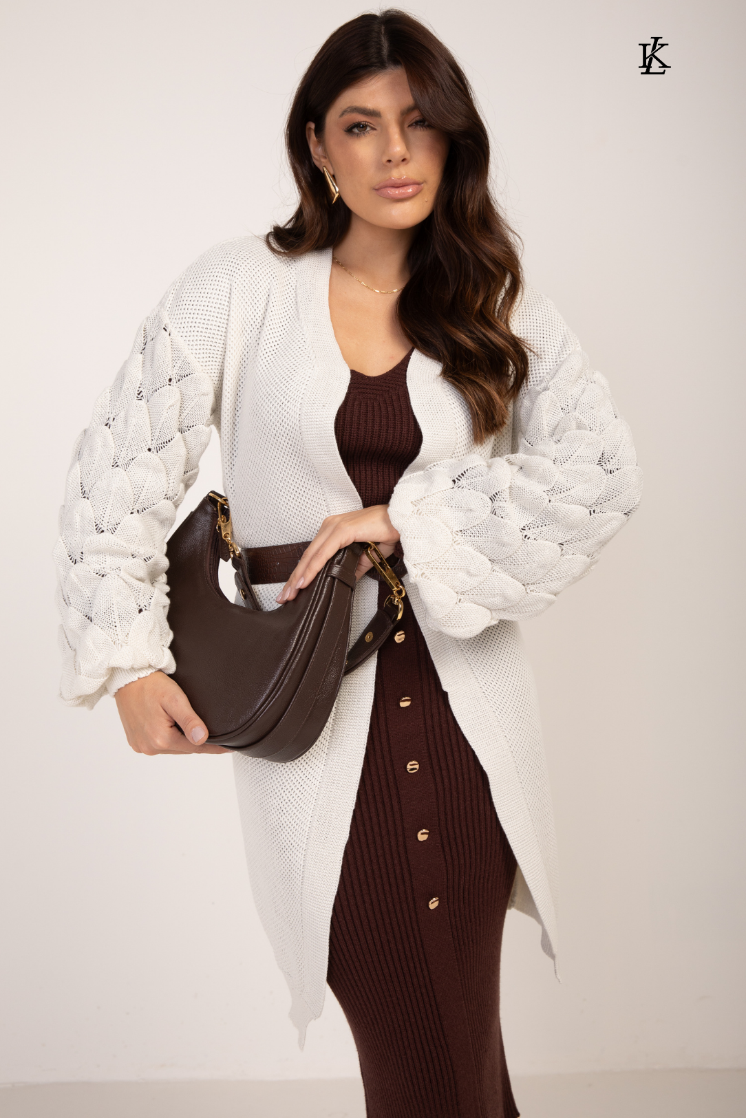 Cardigan de Tricot Alongado Manga Folhas Off White Lisa